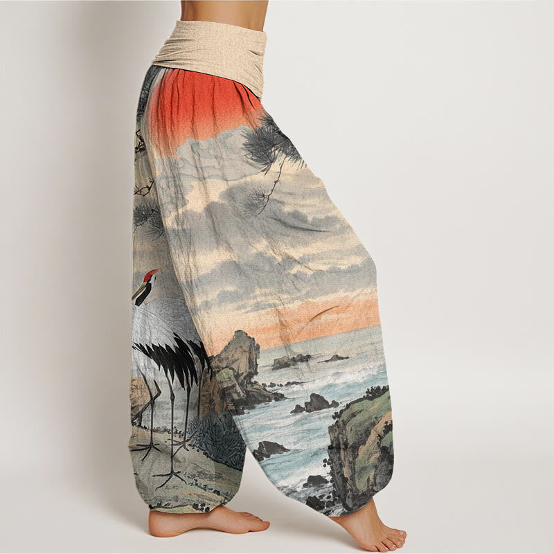 Pantalon Buddha Stones décontracté à taille élastique pour femme, motif grue à couronne rouge et arbre solaire - image 3
