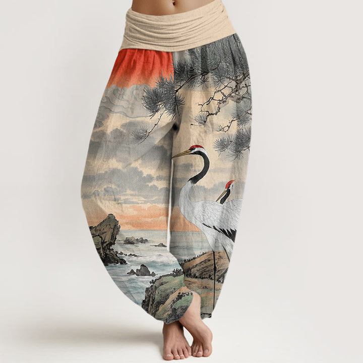 Pantalon Buddha Stones décontracté à taille élastique pour femme, motif grue à couronne rouge et arbre solaire - Verge d'or pâle - US22，UK/AU26，EU54 (6XL) - image 1