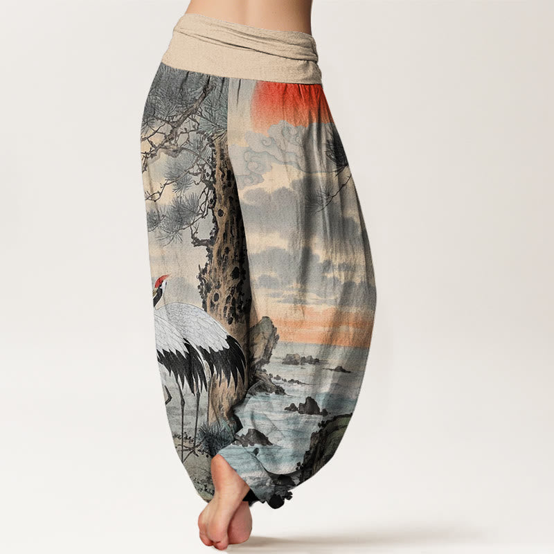 Pantalon Buddha Stones décontracté à taille élastique pour femme, motif grue à couronne rouge et arbre solaire - image 2