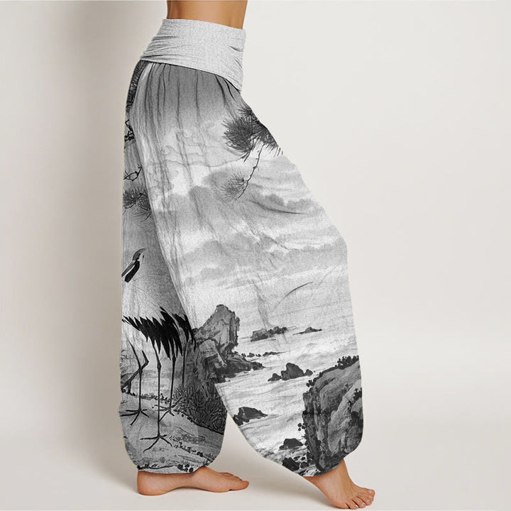 Pantalon Buddha Stones décontracté à taille élastique pour femme, motif grue à couronne rouge et arbre solaire - image 7