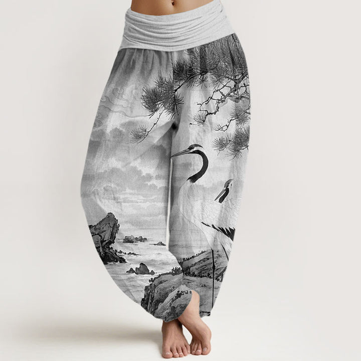 Pantalon Buddha Stones décontracté à taille élastique pour femme, motif grue à couronne rouge et arbre solaire - Gris clair - US22，UK/AU26，EU54 (6XL) - image 5