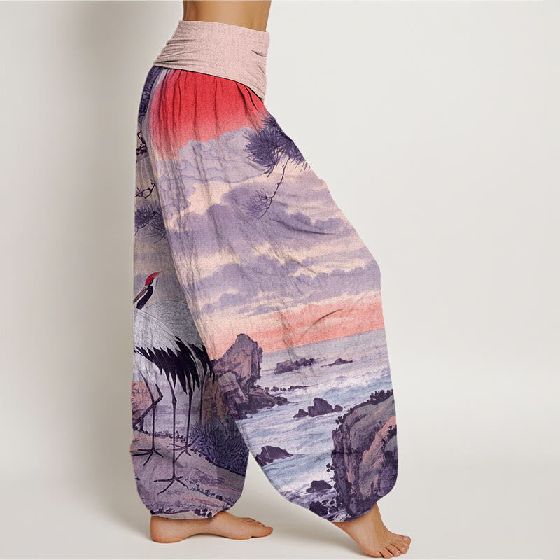 Pantalon Buddha Stones décontracté à taille élastique pour femme, motif grue à couronne rouge et arbre solaire - image 10