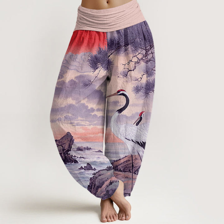 Pantalon Buddha Stones décontracté à taille élastique pour femme, motif grue à couronne rouge et arbre solaire - Rose clair - US22，UK/AU26，EU54 (6XL) - image 8