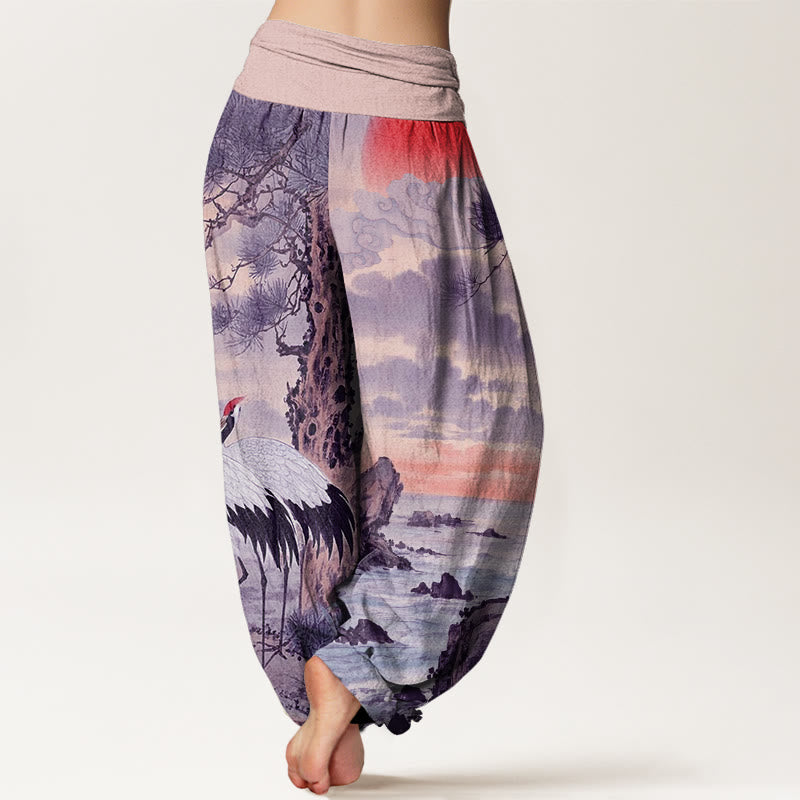 Pantalon Buddha Stones décontracté à taille élastique pour femme, motif grue à couronne rouge et arbre solaire - image 9