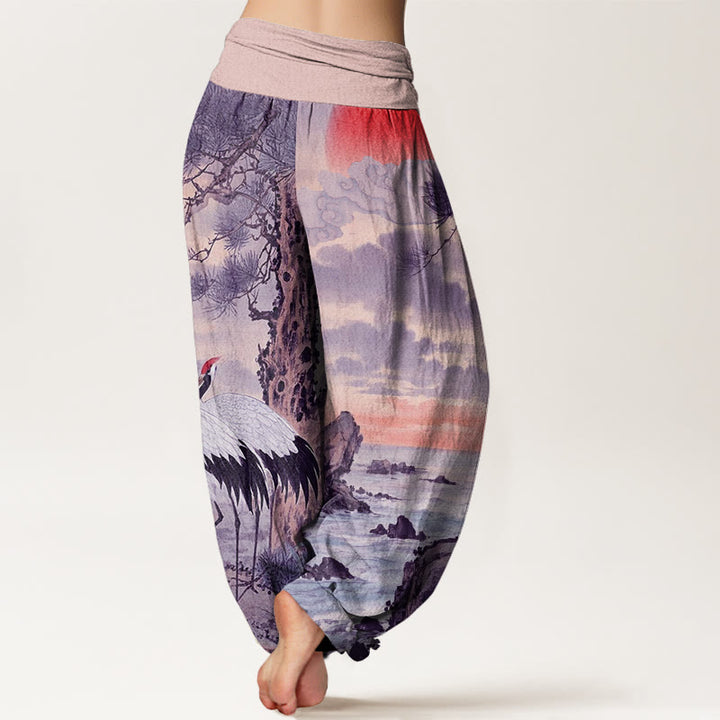 Pantalon Buddha Stones décontracté à taille élastique pour femme, motif grue à couronne rouge et arbre solaire - image 9