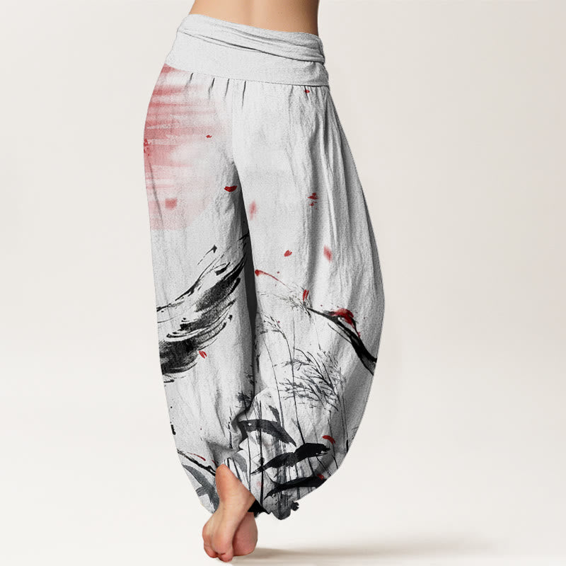 Pantalon sarouel décontracté à taille élastique pour femme, motif grue solaire à couronne rouge et Buddha Stones - image 1