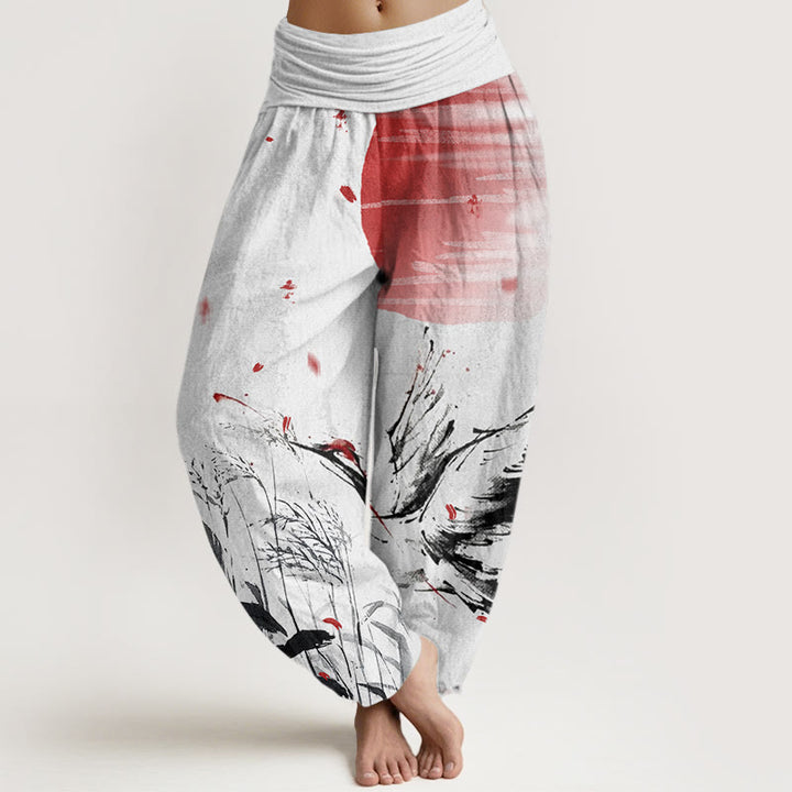 Pantalon sarouel décontracté à taille élastique pour femme, motif grue solaire à couronne rouge et Buddha Stones - GhostWhite - US22，UK/AU26，EU54 (6XL) - image 0