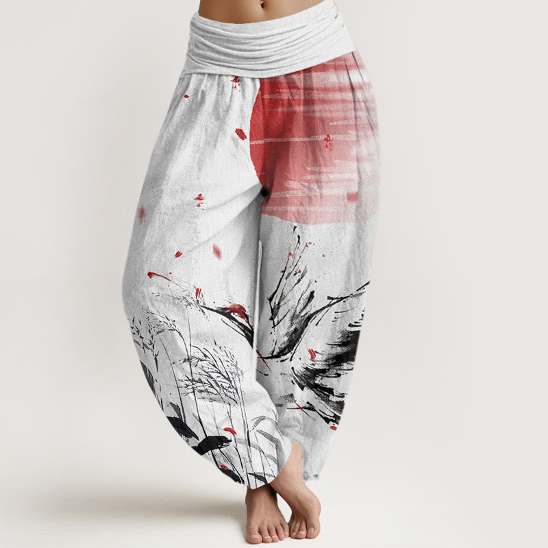 Pantalon harem femme en coton décontracté à taille élastique, motif grue solaire à couronne rouge et Buddha Stones - GhostWhite - US22，UK/AU26，EU54 (6XL) - image 0
