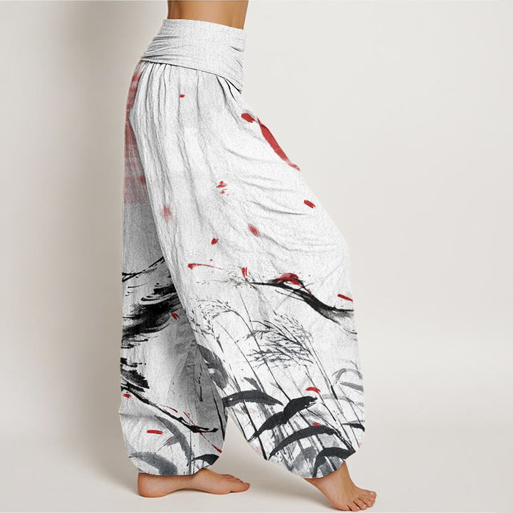 Pantalon harem femme en coton décontracté à taille élastique, motif grue solaire à couronne rouge et Buddha Stones - image 2