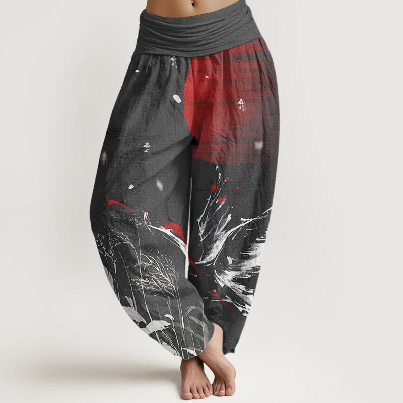 Pantalon harem femme en coton décontracté à taille élastique, motif grue solaire à couronne rouge et Buddha Stones - Noir - US22，UK/AU26，EU54 (6XL) - image 4