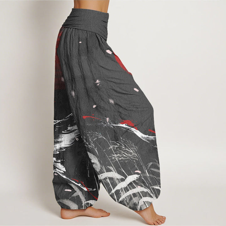 Pantalon harem femme en coton décontracté à taille élastique, motif grue solaire à couronne rouge et Buddha Stones - image 6