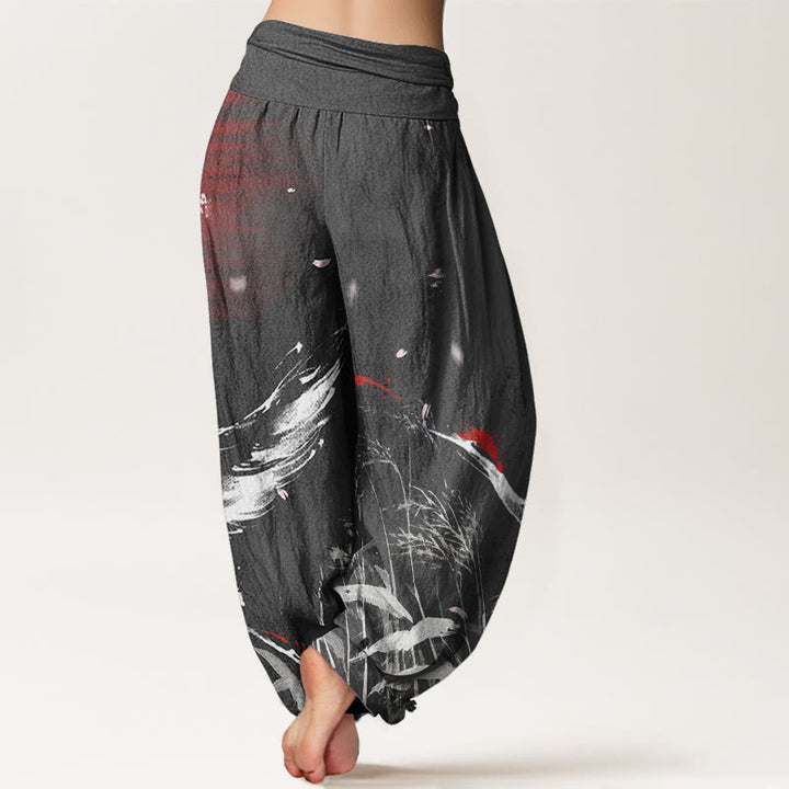 Pantalon harem femme en coton décontracté à taille élastique, motif grue solaire à couronne rouge et Buddha Stones - image 5