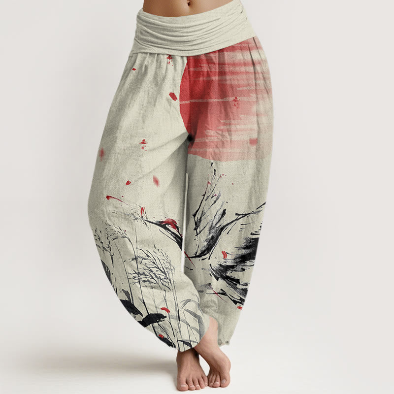 Pantalon sarouel décontracté à taille élastique pour femme, motif grue solaire à couronne rouge et Buddha Stones - Verge d'or pâle - US22，UK/AU26，EU54 (6XL) - image 8