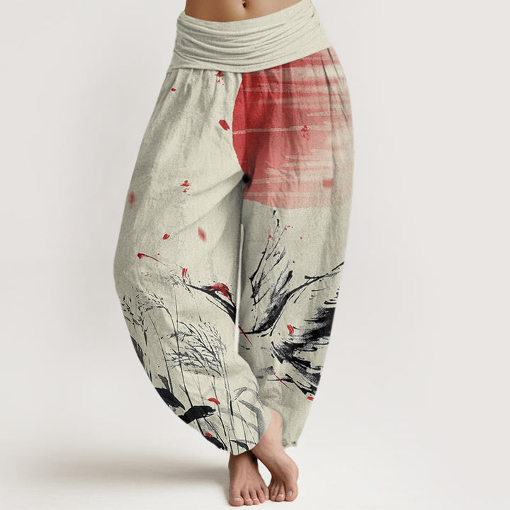 Pantalon sarouel décontracté à taille élastique pour femme, motif grue solaire à couronne rouge et Buddha Stones - Verge d'or pâle - US22，UK/AU26，EU54 (6XL) - image 8