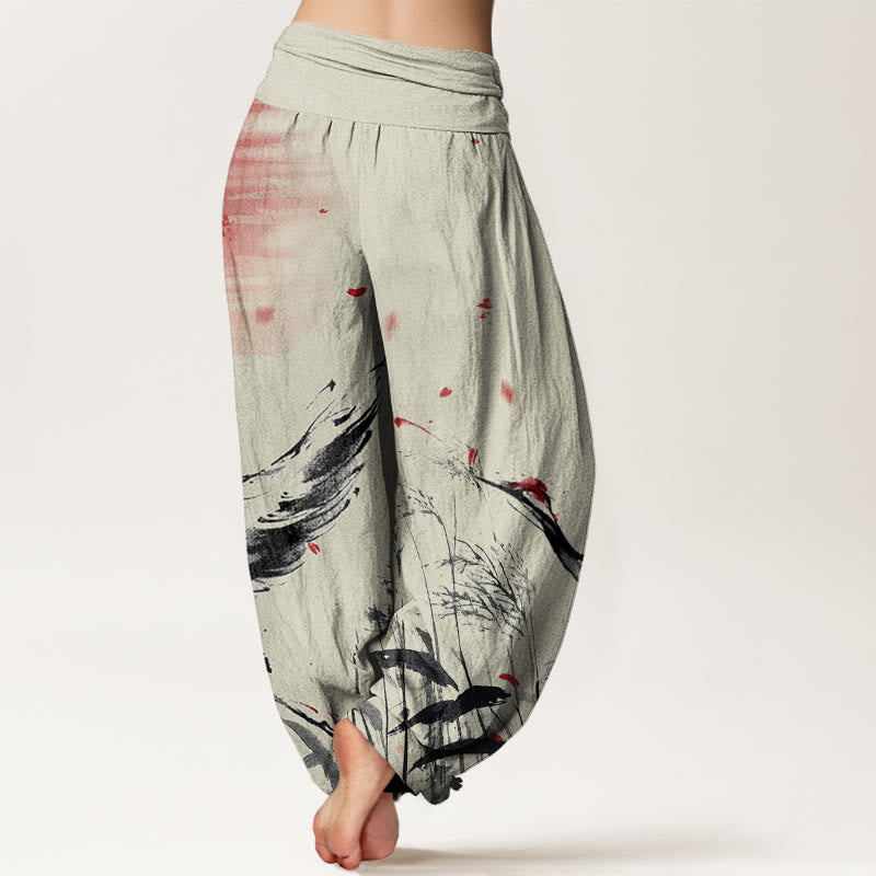 Pantalon harem femme en coton décontracté à taille élastique, motif grue solaire à couronne rouge et Buddha Stones - image 8