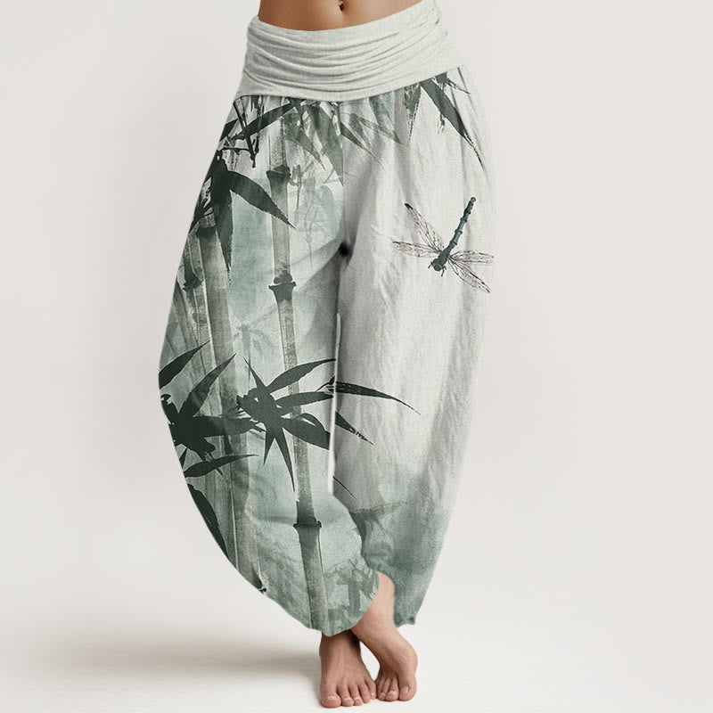 Pantalon sarouel décontracté à taille élastique pour femme, motif feuilles de bambou et libellule, motif Buddha Stones - Vert clair - US22，UK/AU26，EU54 (6XL) - image 1