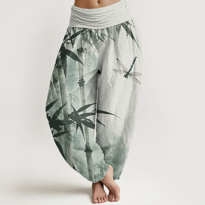 Pantalon sarouel décontracté à taille élastique pour femme, motif feuilles de bambou et libellule, motif Buddha Stones - Vert clair - US22，UK/AU26，EU54 (6XL) - image 1