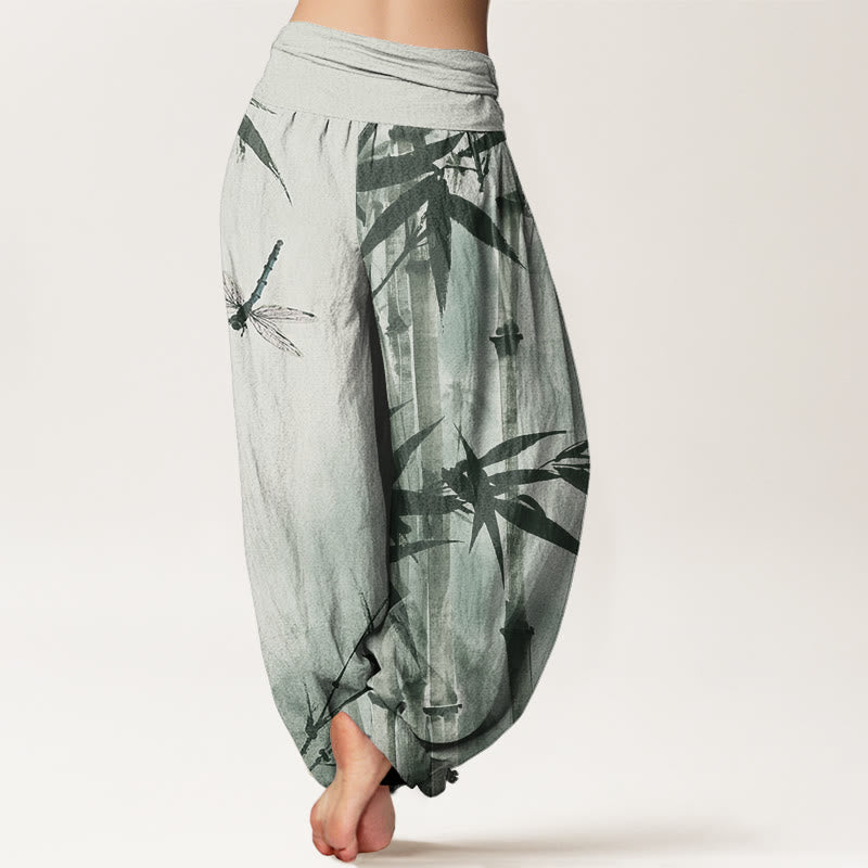 Pantalon sarouel décontracté à taille élastique pour femme, motif feuilles de bambou et libellule, motif Buddha Stones - image 1