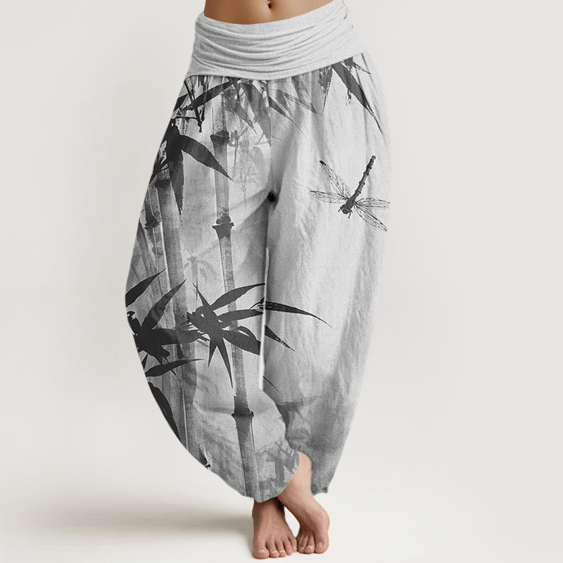 Pantalon sarouel décontracté à taille élastique pour femme, motif feuilles de bambou et libellule, motif Buddha Stones - Argent - US22，UK/AU26，EU54 (6XL) - image 5