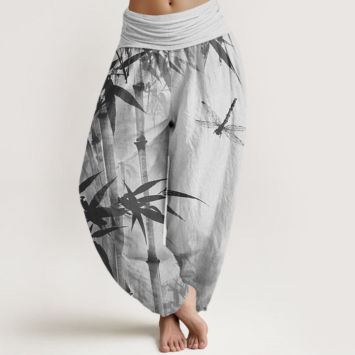 Pantalon sarouel décontracté à taille élastique pour femme, motif feuilles de bambou et libellule, motif Buddha Stones - Argent - US22，UK/AU26，EU54 (6XL) - image 5