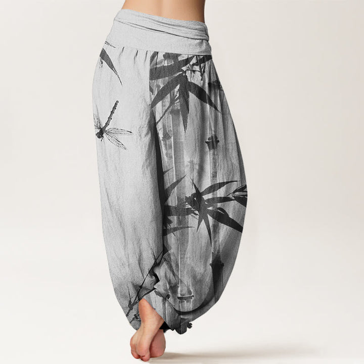 Pantalon harem femme en coton décontracté à motif de Buddha Stones de bambou et libellule, taille élastique - image 5