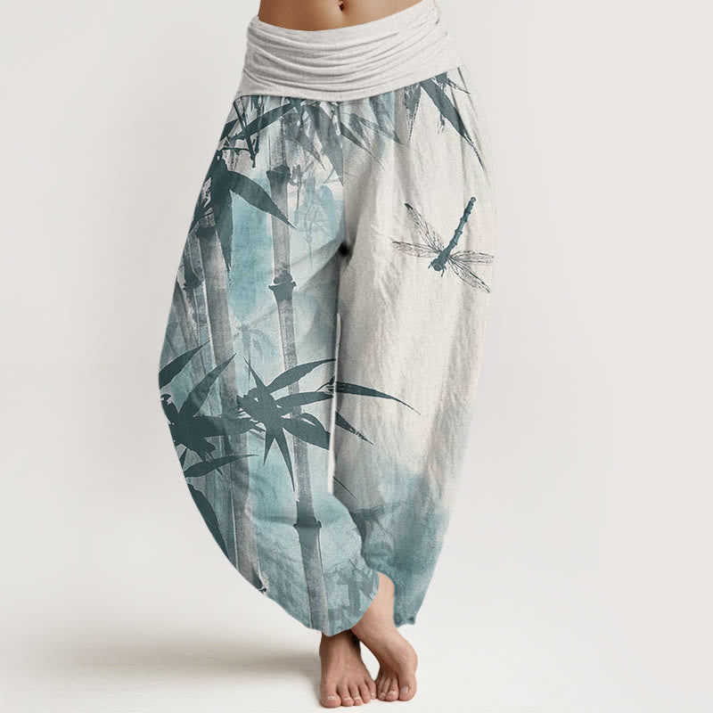 Pantalon harem femme en coton décontracté à motif de Buddha Stones de bambou et libellule, taille élastique - Lin - US22，UK/AU26，EU54 (6XL) - image 7