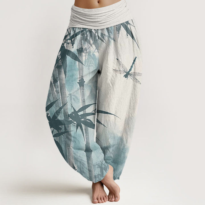 Pantalon harem femme en coton décontracté à motif de Buddha Stones de bambou et libellule, taille élastique - Lin - US22，UK/AU26，EU54 (6XL) - image 7