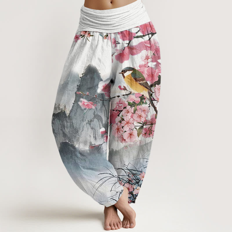 Pantalon harem à taille élastique pour femme, motif pierres de Buddha Stones, oiseaux en coton et fleurs de cerisier. - Gris - US22，UK/AU26，EU54 (6XL) - image 0