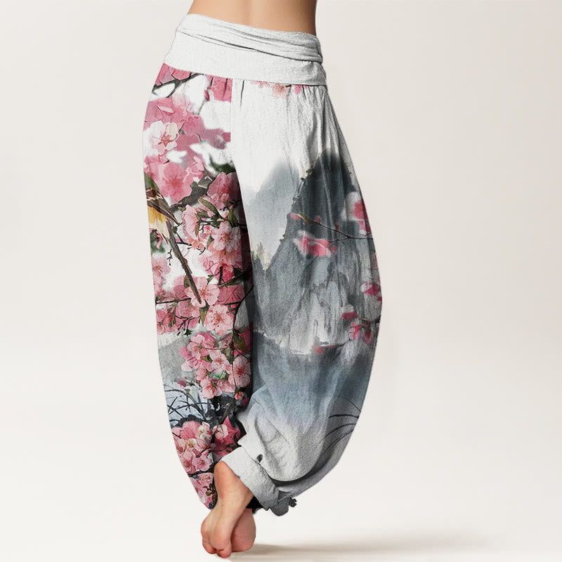 Pantalon harem à taille élastique pour femme, motif pierres de Buddha Stones, oiseaux en coton et fleurs de cerisier. - image 1