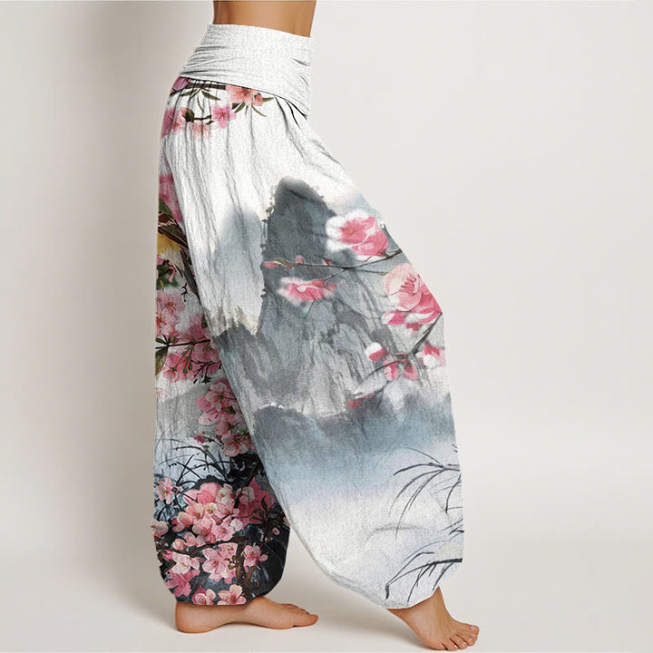 Pantalon harem à taille élastique pour femme, motif pierres de Buddha Stones, oiseaux en coton et fleurs de cerisier. - image 2