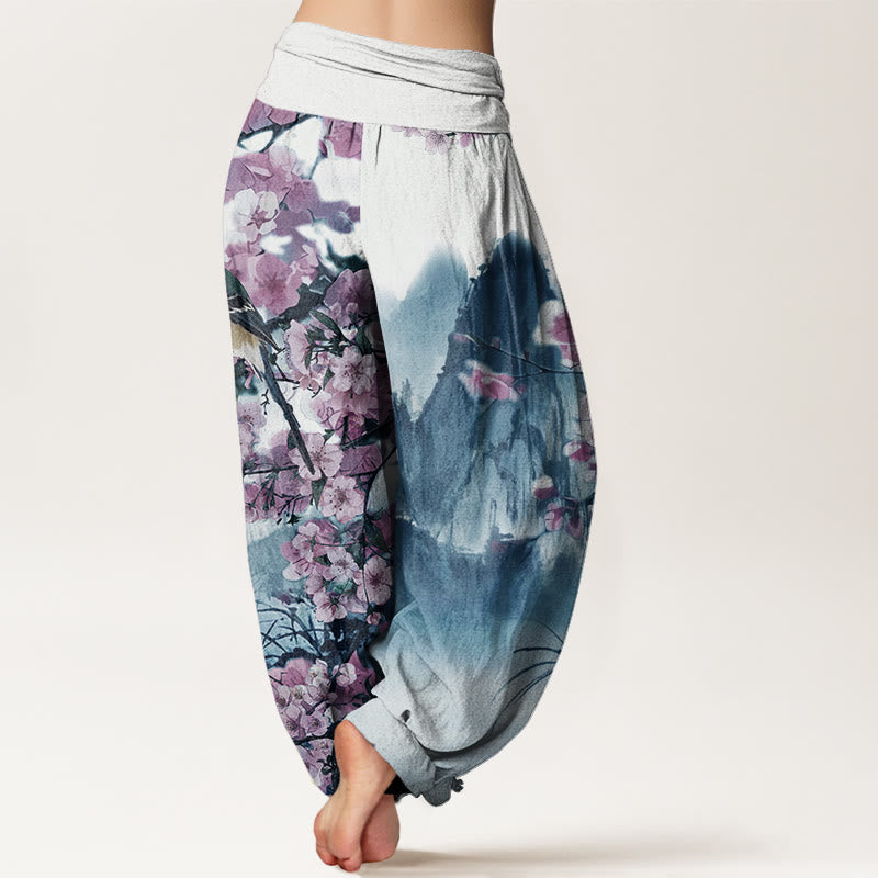 Pantalon harem à taille élastique pour femme, motif pierres de Buddha Stones, oiseaux en coton et fleurs de cerisier. - image 5