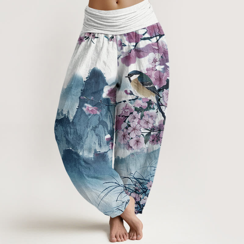 Pantalon harem à taille élastique pour femme, motif pierres de Buddha Stones, oiseaux en coton et fleurs de cerisier. - Bleu moyen - US22，UK/AU26，EU54 (6XL) - image 4