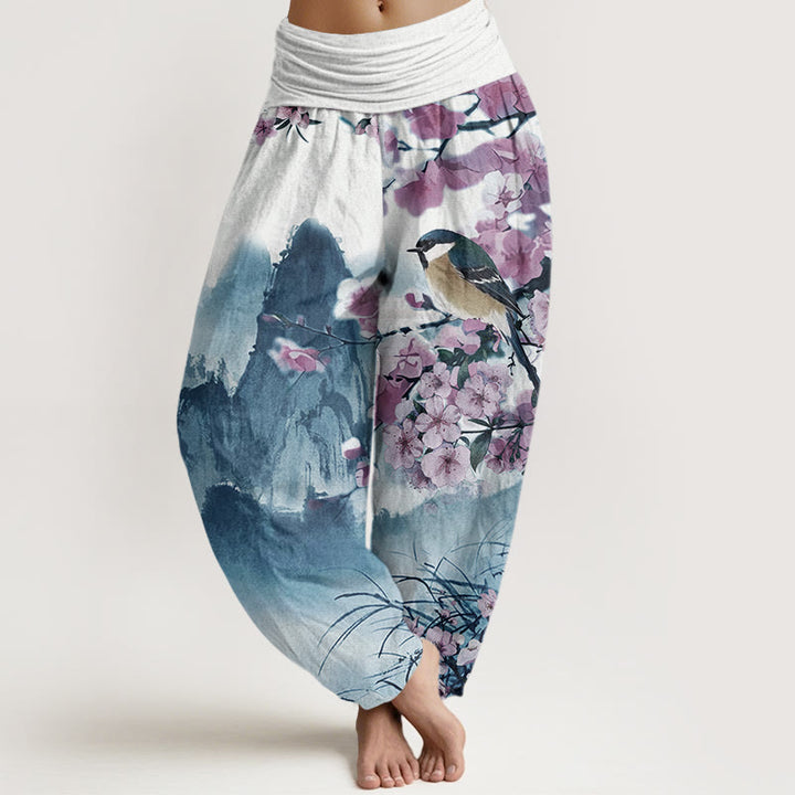Pantalon harem à taille élastique pour femme, motif pierres de Buddha Stones, oiseaux en coton et fleurs de cerisier. - Bleu moyen - US22，UK/AU26，EU54 (6XL) - image 4