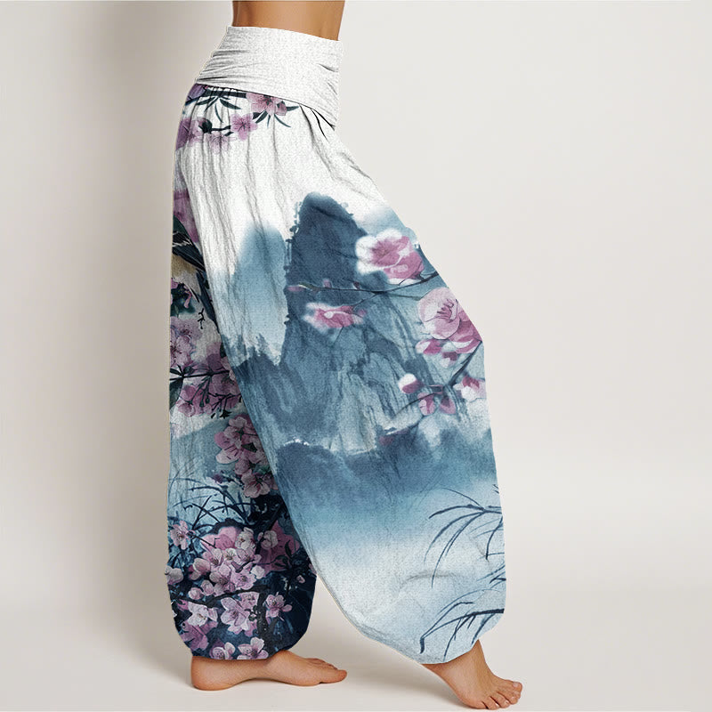 Pantalon harem à taille élastique pour femme, motif pierres de Buddha Stones, oiseaux en coton et fleurs de cerisier. - image 6