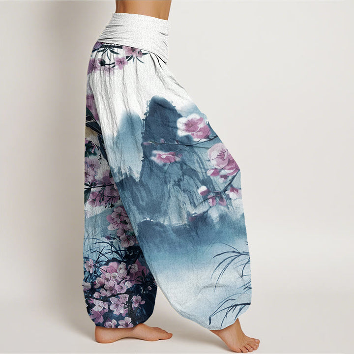 Pantalon harem à taille élastique pour femme, motif pierres de Buddha Stones, oiseaux en coton et fleurs de cerisier. - image 6
