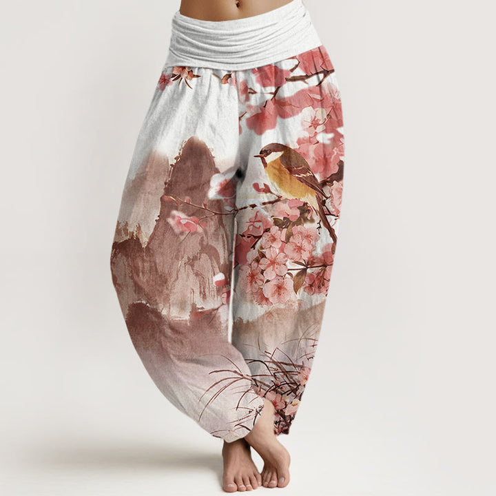 Pantalon harem à taille élastique pour femme, motif pierres de Buddha Stones, oiseaux en coton et fleurs de cerisier. - LightCoral - US22，UK/AU26，EU54 (6XL) - image 7