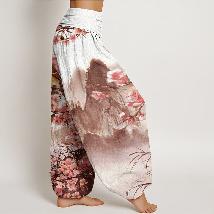 Pantalon harem à taille élastique pour femme, motif pierres de Buddha Stones, oiseaux en coton et fleurs de cerisier. - image 9