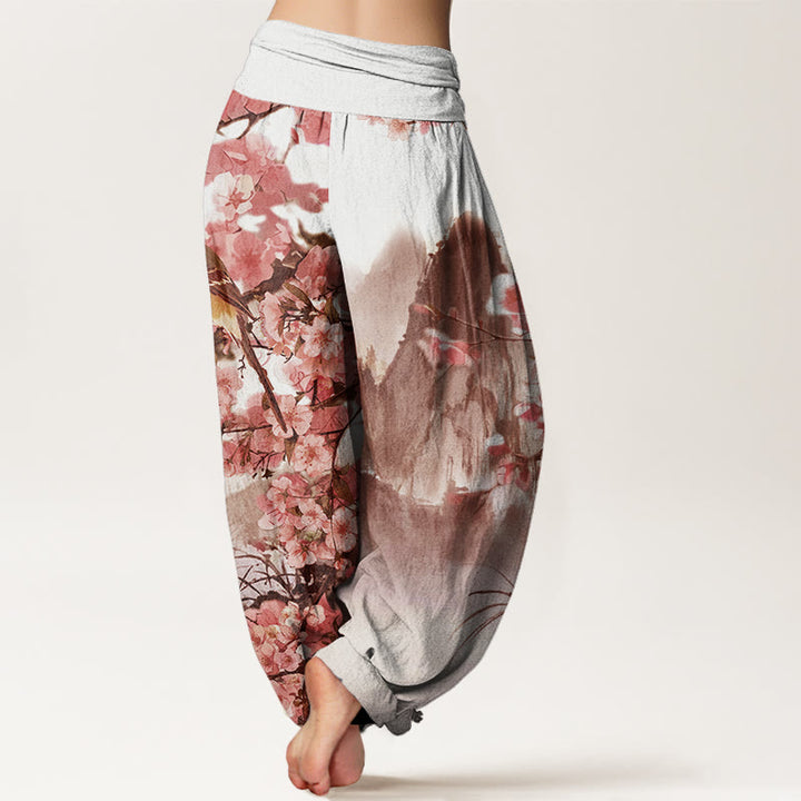 Pantalon harem à taille élastique pour femme, motif pierres de Buddha Stones, oiseaux en coton et fleurs de cerisier. - image 8