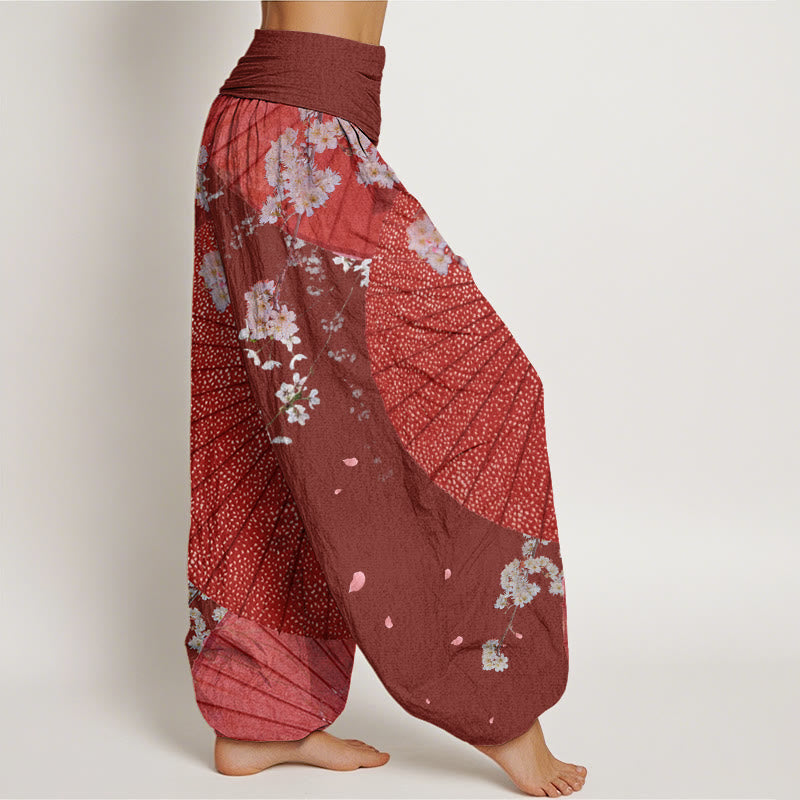Pantalon Buddha Stones décontracté à taille élastique pour femme avec motif parapluie en papier huilé rouge et fleurs de cerisier - image 2