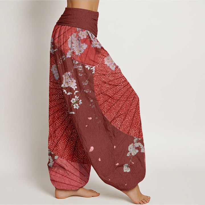 Pantalon Buddha Stones décontracté à taille élastique pour femme avec motif parapluie en papier huilé rouge et fleurs de cerisier - image 2