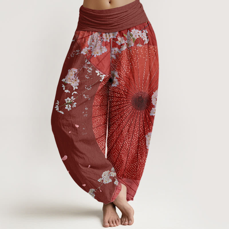 Pantalon Buddha Stones décontracté à taille élastique pour femme avec motif parapluie en papier huilé rouge et fleurs de cerisier - Brun - US22，UK/AU26，EU54 (6XL) - image 1