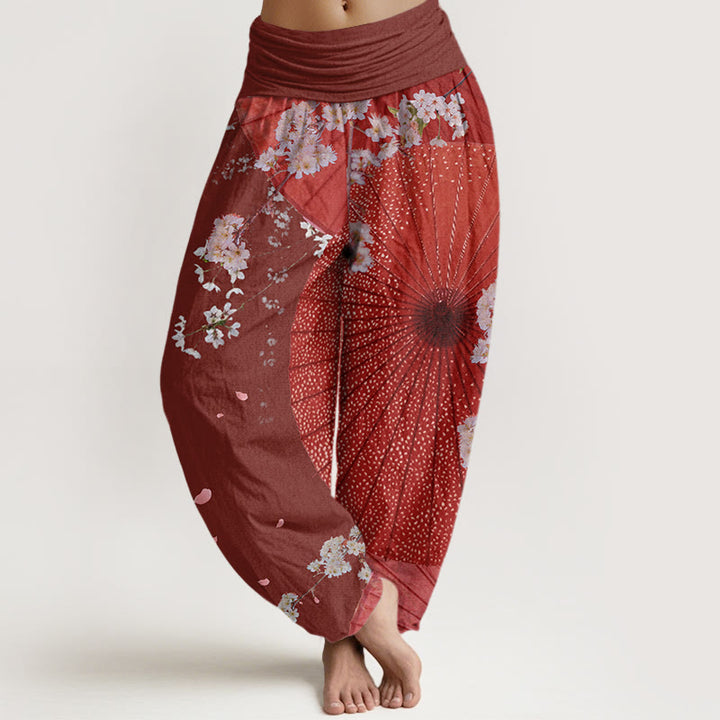 Pantalon Buddha Stones décontracté à taille élastique pour femme avec motif parapluie en papier huilé rouge et fleurs de cerisier - Brun - US22，UK/AU26，EU54 (6XL) - image 1