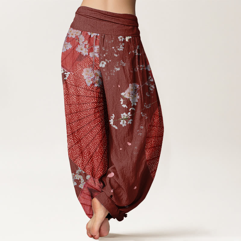 Pantalon Buddha Stones décontracté à taille élastique pour femme avec motif parapluie en papier huilé rouge et fleurs de cerisier - image 1