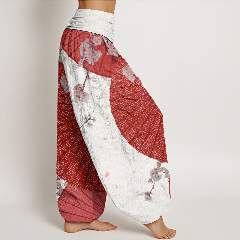 Pantalon Buddha Stones décontracté à taille élastique pour femme avec motif parapluie en papier huilé rouge et fleurs de cerisier - image 7