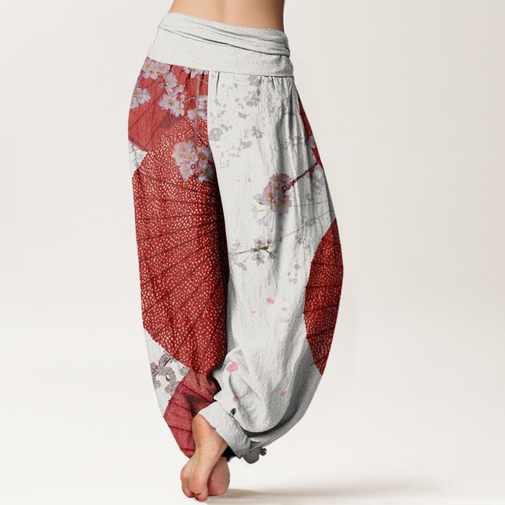 Pantalon Buddha Stones décontracté à taille élastique pour femme avec motif parapluie en papier huilé rouge et fleurs de cerisier - image 5