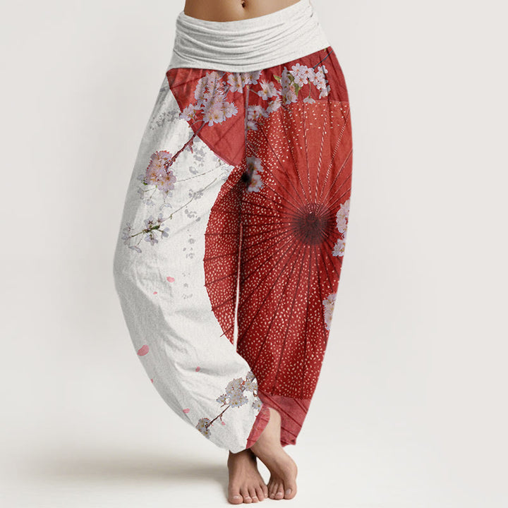Pantalon Buddha Stones décontracté à taille élastique pour femme avec motif parapluie en papier huilé rouge et fleurs de cerisier - GhostWhite - US22，UK/AU26，EU54 (6XL) - image 4