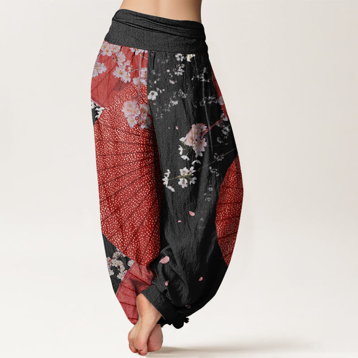 Pantalon Buddha Stones décontracté à taille élastique pour femme avec motif parapluie en papier huilé rouge et fleurs de cerisier - image 9