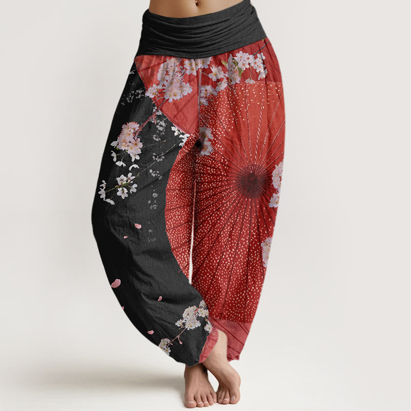 Pantalon Buddha Stones décontracté à taille élastique pour femme avec motif parapluie en papier huilé rouge et fleurs de cerisier - Noir - US22，UK/AU26，EU54 (6XL) - image 8