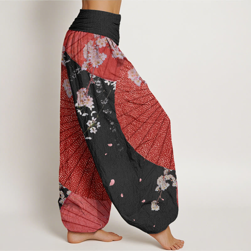 Pantalon Buddha Stones décontracté à taille élastique pour femme avec motif parapluie en papier huilé rouge et fleurs de cerisier - image 10