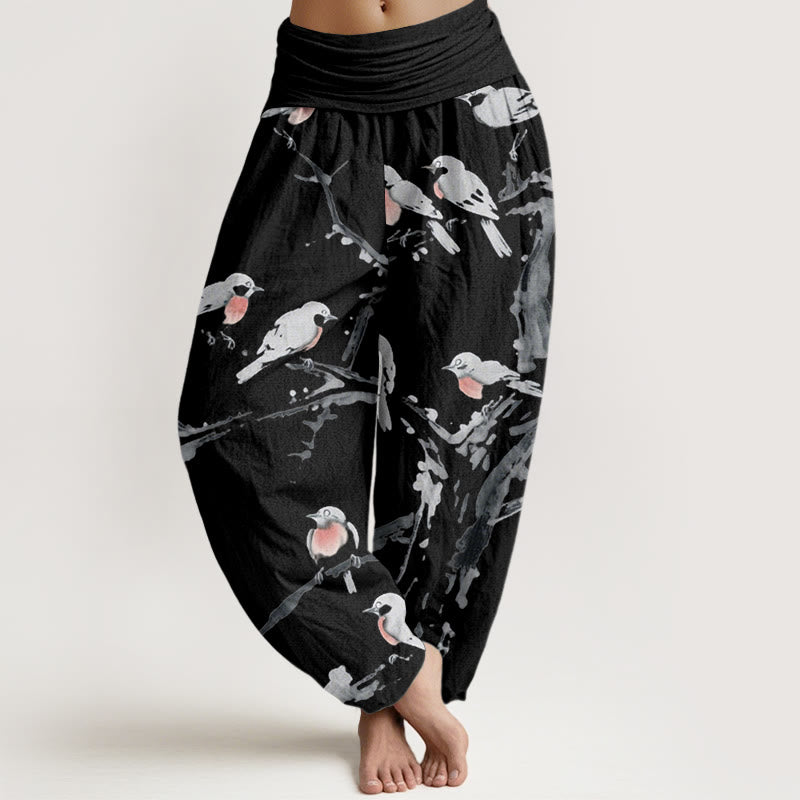 Pantalon sarouel décontracté à taille élastique pour femme, motif branches d'oiseaux et Buddha Stones - Noir - US22，UK/AU26，EU54 (6XL) - image 1